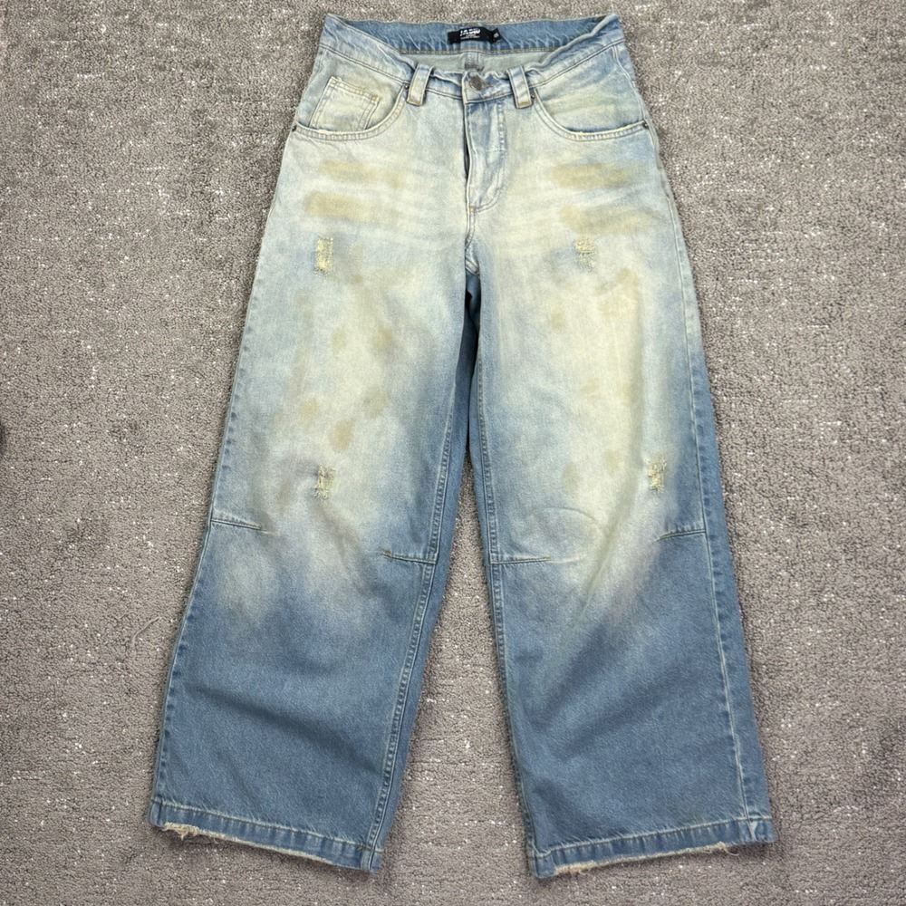 Jaded London Jeans Women W28 Light Blue Baggy Wide Leg Distressed Sandblast